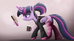 Size: 3000x1688 | Tagged: safe, artist:ncmares, character:twilight sparkle, character:twilight sparkle (alicorn), species:alicorn, species:pony, g4, alternate hairstyle, ask majesty incarnate, bed mane, book, calculus, clothing, female, mare, math, socks, solo, stockings, striped socks, sweater