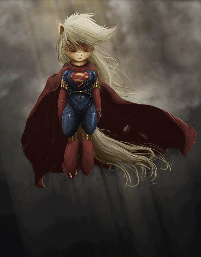 Size: 781x1000 | Tagged: safe, artist:ncmares, artist:theshadowscale, character:applejack, species:earth pony, species:pony, g4, animated, app-el, clothing, costume, crossover, hatless, missing accessory, solo, superman
