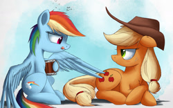Size: 2000x1250 | Tagged: safe, artist:ncmares, character:applejack, character:rainbow dash, species:earth pony, species:pegasus, species:pony, ship:appledash, g4, applejack is not amused, butt touch, clothing, commission, drunk, drunker dash, feathermarking, female, freckles, hat, lesbian, looking at each other, mare, never doubt tchernobog's involvement, shipping, tongue out