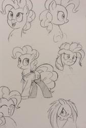 Size: 2000x2960 | Tagged: safe, artist:ncmares, character:pinkie pie, species:earth pony, species:pony, g4, clothing, grayscale, hoodie, messy mane, monochrome, sketch, sketch dump, socks, solo