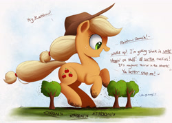 Size: 4000x2860 | Tagged: safe, artist:ncmares, character:applejack, character:rainbow dash, species:pony, g4, big-apple-pony, cute, dialogue, dirt, dirty, freckles, giantess, macro, nose wrinkle, open mouth, silly, silly pony, solo focus, tree