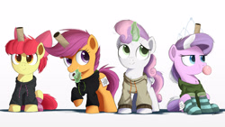 Size: 4000x2250 | Tagged: safe, artist:ncmares, character:apple bloom, character:diamond tiara, character:scootaloo, character:sweetie belle, species:earth pony, species:pegasus, species:pony, species:unicorn, g4, adorabloom, bread, bubblegum, clothing, cute, cutealoo, cutie mark crusaders, diamondbetes, diasweetes, donut, fake cutie mark, fake horn, female, filly, food, hoodie, magic, my eyes are up here, ncmares is trying to murder us, quartet, simple background, socks, striped socks, telekinesis, toilet paper roll, white background