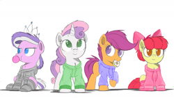 Size: 1280x720 | Tagged: safe, artist:ncmares, edit, character:apple bloom, character:diamond tiara, character:scootaloo, character:sweetie belle, species:pegasus, species:pony, g4, a day late, bread, clothing, color edit, colored, cutie mark crusaders, donut, food, hoodie, recolor, simple background, socks, striped socks, white background