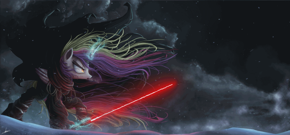 Size: 1000x465 | Tagged: safe, artist:ncmares, artist:theshadowscale, edit, character:princess cadance, species:alicorn, species:pony, g4, animated, clothing, cold, crossover, dark side, levitation, lightsaber, magic, night sky, open mouth, sith, snow, solo, star wars, telekinesis, tundra, weapon, wind