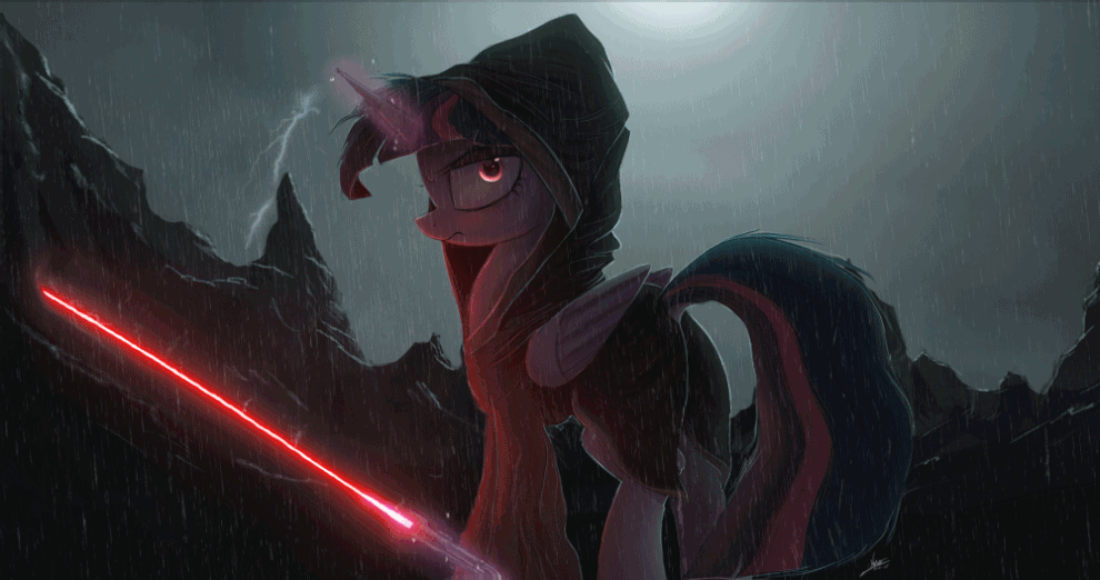 Size: 990x522 | Tagged: safe, artist:ncmares, artist:theshadowscale, character:twilight sparkle, character:twilight sparkle (alicorn), species:alicorn, species:pony, g4, animated, cloak, clothing, crossover, dark twilight, dark twilight sparkle, darth twilight, evil twilight, female, lightning, lightsaber, magic, mare, rain, sith, solo, star wars, storm, telekinesis, twilight is anakin, weapon