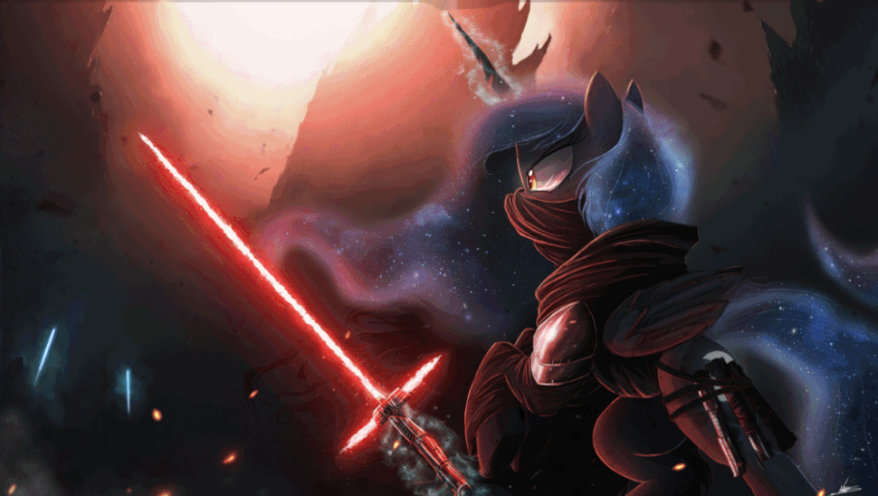 Size: 970x548 | Tagged: safe, artist:ncmares, artist:theshadowscale, character:princess luna, species:alicorn, species:pony, g4, animated, crossguard lightsaber, crossover, knights of ren, kylo ren, lightsaber, magic, sith, solo, star wars, telekinesis, weapon