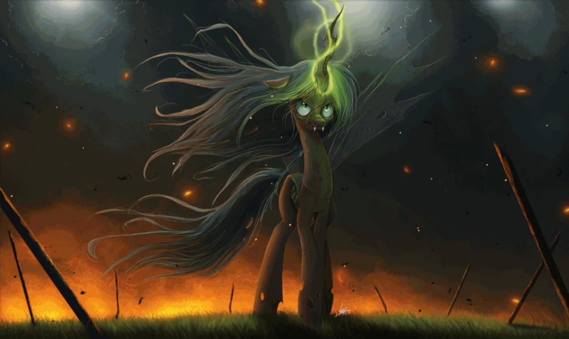 Size: 1139x679 | Tagged: safe, artist:ncmares, artist:theshadowscale, character:queen chrysalis, species:changeling, g4, animated, changeling queen, female, glowing horn, solo, spread wings, wings