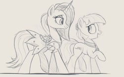 Size: 1280x794 | Tagged: safe, artist:ncmares, character:coco pommel, character:sassy saddles, g4, monochrome, sketch, wip