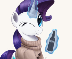 Size: 3045x2500 | Tagged: safe, artist:ncmares, character:rarity, species:pony, species:unicorn, g4, alcohol, beer, bottle, clothing, food, levitation, magic, smiling, solo, sweater, telekinesis, wink