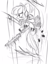 Size: 3000x4000 | Tagged: safe, artist:ncmares, character:apple bloom, species:earth pony, species:pony, fanfic:night mares, g4, black and white, cyborg, fanfic, fanfic art, female, filly, grayscale, gun, hooves, monochrome, optical sight, rifle, sketch, sniper, sniper rifle, solo, weapon