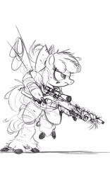 Size: 2500x4000 | Tagged: safe, artist:ncmares, character:apple bloom, species:earth pony, species:pony, fanfic:night mares, g4, bipedal, black and white, cyborg, female, filly, grayscale, gun, hooves, mechanical hands, military, monochrome, optical sight, rifle, simple background, sketch, sniper, sniper rifle, solo, weapon, white background