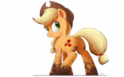 Size: 4000x2500 | Tagged: safe, artist:ncmares, character:applejack, species:earth pony, species:pony, g4, cute, dirty, dock, looking back, mud, muddy, ncmares is trying to murder us, plot, smiling, smirk, solo