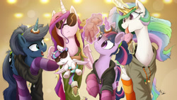 Size: 4000x2250 | Tagged: safe, artist:aquaticsun, artist:ncmares, character:princess cadance, character:princess celestia, character:princess flurry heart, character:princess luna, character:twilight sparkle, character:twilight sparkle (alicorn), species:alicorn, species:pony, g4, alicorn pentarchy, ask majesty incarnate, aunt and niece, auntie luna, babscon, best aunt ever, clothing, collaboration, donut, female, food, group, hoodie, ice cream, levitation, licking, magic, mama cadence, mother and daughter, open mouth, parody, plushie, print, raised hoof, royal sisters, signature, sisters-in-law, socks, striped socks, sunglasses, telekinesis, the hangover, the uses of unicorn horns, tongue out, toy