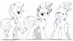 Size: 2000x1125 | Tagged: safe, artist:ncmares, character:rarity, species:pony, species:unicorn, g4, bedroom eyes, disgusted, featureless crotch, female, grayscale, looking at you, mare, monochrome, open mouth, plot, sketch, smiling