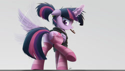 Size: 2000x1125 | Tagged: safe, artist:ncmares, character:twilight sparkle, character:twilight sparkle (alicorn), species:alicorn, species:pony, g4, alternate hairstyle, clothing, dock, donut, featureless crotch, female, food, habit, looking back, magic, mare, mouth hold, plot, ponytail, rear view, signature, socks, solo, striped socks, telekinesis, twibutt
