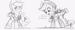 Size: 4000x1610 | Tagged: safe, artist:ncmares, character:applejack, character:rainbow dash, species:pony, g4, applejack bunyan, clothing, dialogue, giant pony, giantess, macro, monochrome, open mouth, paul bunyan, size difference, sketch, smiling, smoldash, wip