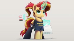 Size: 1280x720 | Tagged: safe, artist:ncmares, character:sunset shimmer, species:pony, species:unicorn, g4, bed mane, clothing, cute, looking at you, magic, magic aura, mug, pillow, shimmerbetes, socks, sockset shimmer, solo, wondercolts