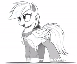 Size: 2721x2240 | Tagged: safe, artist:ncmares, character:rainbow dash, species:pegasus, species:pony, g4, clothing, cute, dashabetes, female, hoodie, mare, monochrome, open mouth, pillow, sketch, solo, stockings, wing hold, wonderbolts