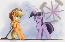 Size: 2000x1298 | Tagged: dead source, safe, artist:ncmares, character:applejack, character:twilight sparkle, character:twilight sparkle (alicorn), species:alicorn, species:pony, episode:the saddle row review, g4, my little pony: friendship is magic, bipedal, broom, eyes closed, female, fluffy, levitation, magic, mare, open mouth, smiling, sweeping, sweepsweepsweep, telekinesis, that was fast, twilight sweeple, twirl