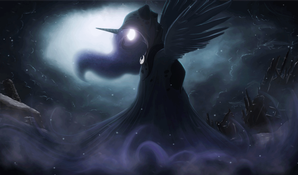 Size: 1000x588 | Tagged: safe, artist:ncmares, artist:theshadowscale, character:princess luna, species:alicorn, species:pony, episode:a hearth's warming tail, g4, my little pony: friendship is magic, absurd file size, absurd gif size, animated, cloak, clothing, epic, female, glowing eyes, mare, snow, snowfall, solo, spirit of hearth's warming yet to come, wallpaper