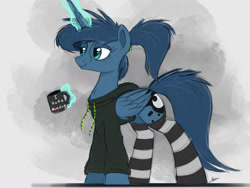Size: 2000x1507 | Tagged: safe, artist:ncmares, character:princess luna, species:alicorn, species:pony, g4, ask majesty incarnate, clothing, coffee mug, female, hoodie, i hate mondays, magic, magic aura, mare, ponytail, sketchy, smiling, socks, solo, striped socks, tired