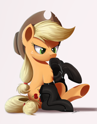 Size: 1092x1400 | Tagged: safe, artist:ncmares, character:applejack, species:earth pony, species:pony, g4, angry, boots, clothing, female, fireproof boots, freckles, hat, mare, mouth hold, simple background, sitting, socks, solo, stockings, thigh highs, underhoof, zipper