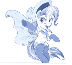 Size: 1115x1000 | Tagged: safe, artist:ncmares, character:trixie, species:pony, species:unicorn, g4, clothing, cute, diatrixes, female, magic, mare, monochrome, open mouth, signature, sketch, socks, solo, trixie's cape, trixie's hat