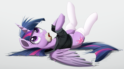 Size: 2000x1125 | Tagged: safe, artist:ncmares, character:twilight sparkle, character:twilight sparkle (alicorn), species:alicorn, species:pony, g4, clothing, cute, donut, food, hoodie, mouth hold, ncmares is trying to murder us, on back, socks, solo, twiabetes