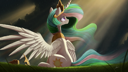 Size: 2000x1125 | Tagged: safe, artist:ncmares, character:princess celestia, species:alicorn, species:pony, g4, crepuscular rays, crown, female, grass, horseshoes, jewelry, looking up, mare, outdoors, peytral, rain, regalia, signature, sitting, solo, spread wings, wings