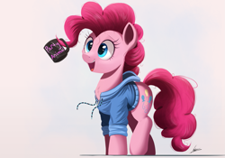 Size: 1609x1125 | Tagged: safe, artist:ncmares, character:pinkie pie, species:earth pony, species:pony, g4, chest fluff, clothing, coffee, coffee mug, cup, cute, diapinkes, female, fluffy, hoodie, mare, ncmares is trying to murder us, open mouth, pinkie found the coffee, prehensile mane, raised leg, signature, simple background, smiling, solo, walking, white background