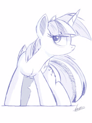 Size: 3000x4000 | Tagged: safe, artist:ncmares, character:twilight sparkle, character:twilight sparkle (alicorn), species:alicorn, species:pony, g4, monochrome, sketch, solo, twilight is not amused, unamused