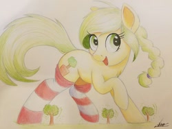 Size: 1280x960 | Tagged: safe, artist:ncmares, oc, oc only, oc:sequoia, species:earth pony, species:pony, g4, clothing, cute, giant pony, macro, open mouth, raised hoof, rumbling, shaking, signature, socks, solo, striped socks, traditional art, tree
