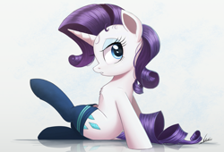 Size: 2207x1500 | Tagged: safe, artist:ncmares, character:rarity, species:pony, species:unicorn, g4, chest fluff, clothing, crossed legs, cute, eyeshadow, female, looking at you, looking back, makeup, pinup, raribetes, simple background, sitting, socks, solo, white background
