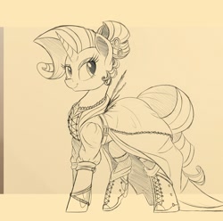 Size: 1280x1270 | Tagged: safe, artist:ncmares, character:rarity, species:pony, species:unicorn, g4, alternate hairstyle, clothing, dress, monochrome, sketch, smiling, solo