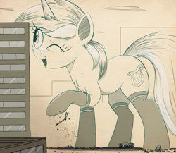 Size: 1500x1302 | Tagged: safe, artist:ncmares, character:lyra heartstrings, species:pony, g4, big-pon, building, bus, city, clothing, destruction, giant pony, macro, monochrome, one eye closed, open mouth, sketch, socks, solo