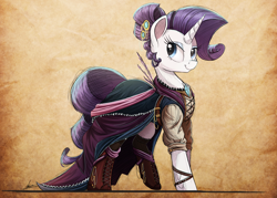 Size: 2000x1433 | Tagged: safe, artist:ncmares, character:rarity, species:pony, species:unicorn, g4, alternate hairstyle, bedroom eyes, boots, bracelet, clothing, dress, eyeshadow, female, jewelry, looking at you, majestic, makeup, mare, raised leg, smiling, solo, steampunk, style emulation