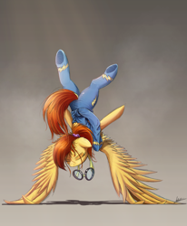 Size: 1747x2122 | Tagged: safe, artist:ncmares, character:spitfire, species:pegasus, species:pony, g4, clothing, dock, eyes closed, female, goggles, mare, scrunchie, solo, sweat, underhoof, upside down, wing-ups, wonderbolts uniform