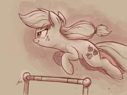 Size: 2732x2048 | Tagged: safe, artist:ncmares, character:applejack, species:earth pony, species:pony, newbie artist training grounds, g4, jumping, monochrome, signature, sketch, solo