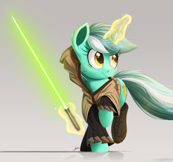 Size: 2000x1883 | Tagged: safe, artist:ncmares, character:lyra heartstrings, species:pony, species:unicorn, g4, clothing, commission, crossover, jedi, lightsaber, magic, raised hoof, signature, solo, star wars, weapon