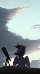 Size: 1098x2000 | Tagged: safe, artist:ncmares, character:twilight sparkle, character:twilight sparkle (alicorn), species:alicorn, species:pony, g4, cloud, crescent moon, looking up, moon, phone wallpaper, sitting, sky, solo, spread wings, stargazing, telescope, wings