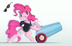 Size: 2000x1283 | Tagged: safe, artist:ncmares, character:pinkie pie, species:earth pony, species:pony, g4, chest fluff, clothing, female, hoodie, mare, one eye closed, party cannon, smiling, solo, sunglasses