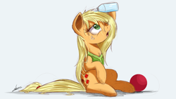 Size: 2000x1125 | Tagged: safe, artist:ncmares, character:applejack, species:earth pony, species:pony, newbie artist training grounds, episode:buckball season, g4, my little pony: friendship is magic, aftermath, ball, clothing, cute, female, loose hair, mare, one eye closed, open mouth, sitting, solo, water, water bottle, wet mane