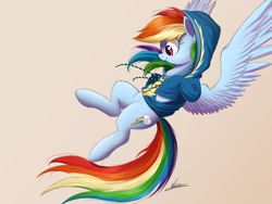 Size: 2000x1500 | Tagged: safe, artist:ncmares, character:rainbow dash, species:pegasus, species:pony, g4, clothing, female, flying, hoodie, mare, solo, sweater, wonderbolts