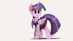Size: 2500x1406 | Tagged: safe, artist:ncmares, character:twilight sparkle, character:twilight sparkle (alicorn), species:alicorn, species:pony, g4, adorkable, book, clothing, colored pupils, cute, dork, female, long sleeves, looking at something, mare, neck fluff, necktie, pleated skirt, school uniform, schoolgirl, shadow, shirt, signature, simple background, skirt, skirt lift, smiling, solo, style emulation, twiabetes, vest, white background, wing hold