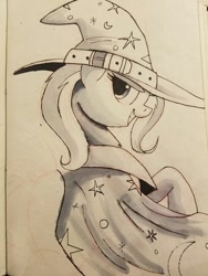 Size: 960x1280 | Tagged: safe, artist:ncmares, character:trixie, species:pony, species:unicorn, inktober, g4, female, grayscale, looking at you, looking back, mare, monochrome, smiling, smirk, solo, traditional art