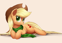 Size: 1950x1378 | Tagged: safe, artist:ncmares, character:applejack, species:earth pony, species:pony, g4, chest fluff, clothing, cowboy hat, cute, ear fluff, female, freckles, hat, jackabetes, looking at you, loose hair, mare, ncmares is trying to murder us, prone, scarf, signature, smiling, solo, stetson
