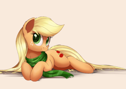 Size: 1950x1378 | Tagged: safe, artist:ncmares, character:applejack, species:earth pony, species:pony, g4, chest fluff, clothing, cute, ear fluff, female, freckles, hatless, jackabetes, looking at you, loose hair, mare, missing accessory, ncmares is trying to murder us, prone, scarf, signature, smiling, solo