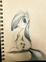 Size: 960x1280 | Tagged: safe, artist:ncmares, character:marble pie, species:earth pony, species:pony, g4, grayscale, looking back, monochrome, sitting, smiling, solo, traditional art