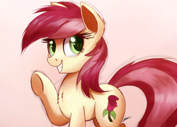 Size: 2000x1435 | Tagged: safe, artist:ncmares, character:roseluck, species:earth pony, species:pony, g4, chest fluff, cute, female, looking at you, mare, smiling, solo, underhoof, waving