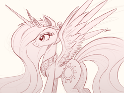 Size: 4000x3000 | Tagged: safe, artist:ncmares, character:princess celestia, species:alicorn, species:pony, g4, crown, cutie mark, horn, jewelry, lidded eyes, monochrome, necklace, praise the sun, regalia, royalty, simple background, sketch, smiling, solo, spread wings, sunbutt, tiara, wings